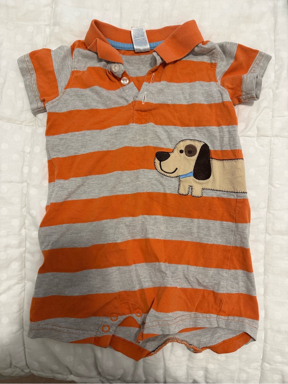 Carter's Orange & Gray Striped Polo One-Piece with Dog Applique